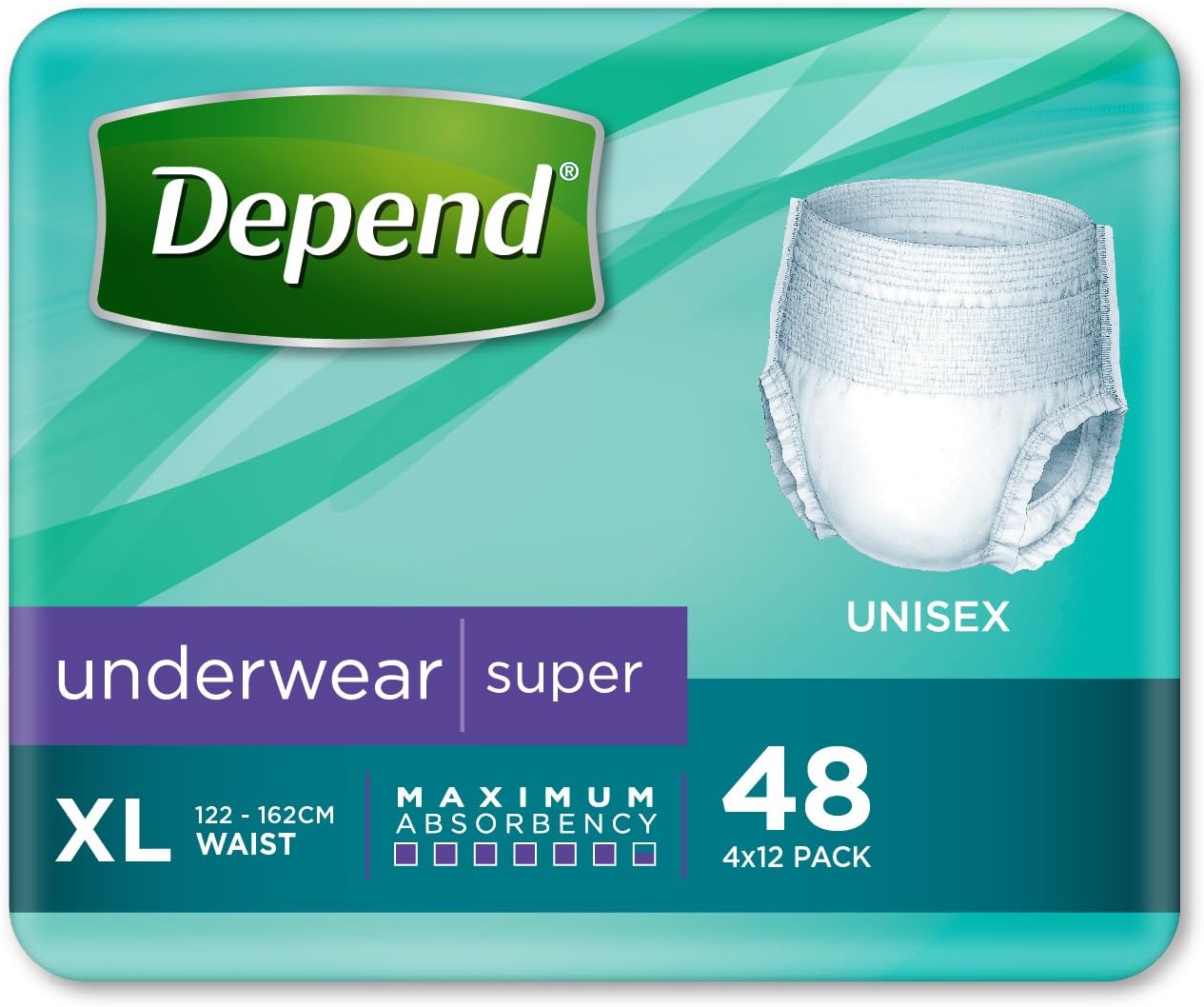 Depend Incontinence Underwear Unisex Super XLarge 48 Count (4 x 12