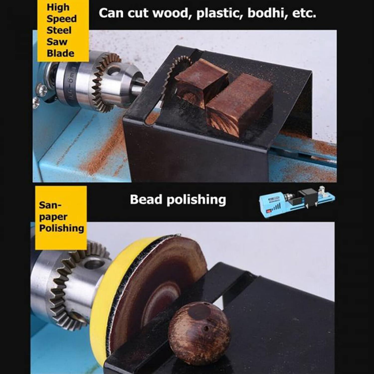 Mini Lathe for DIY Woodworking, Mini Wood Lathe Beads Polisher Machine, Milling Machine DIY Grinding Polishing Beads Drill Rotary Tool Standard Set, 12V-24VDC 150W