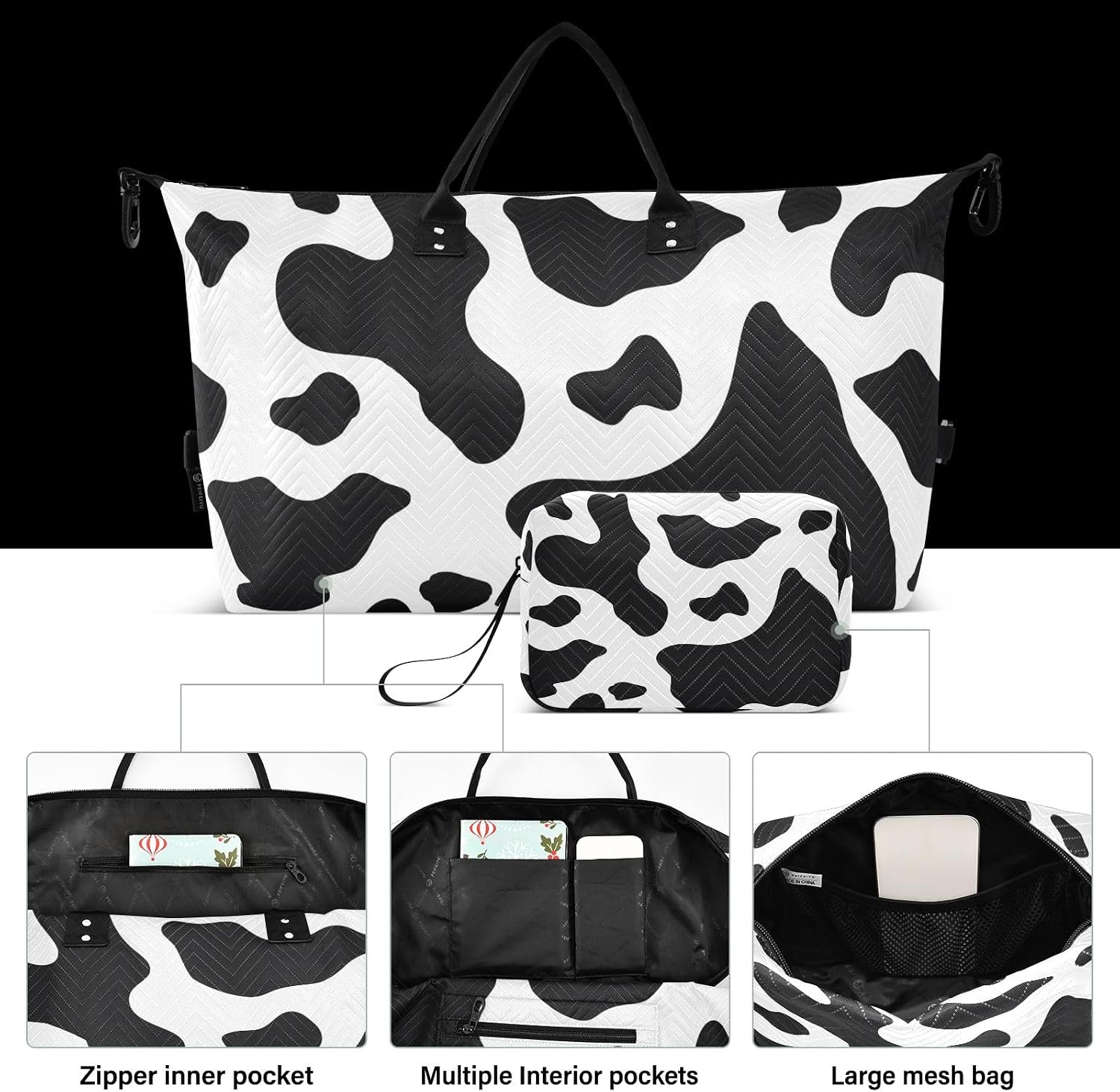 Travel Duffle Bag, Cow Skin Print Gym Bag with Storage Bag Weekender Overnight Bag for Men Women Trip Sports Yoga