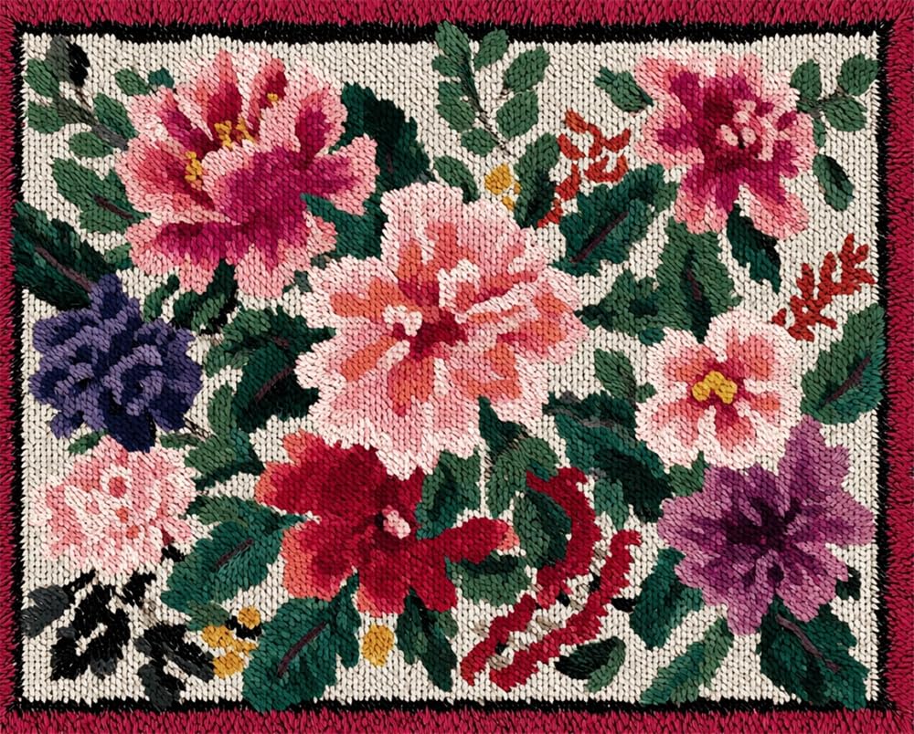 Kitquiver Rug Kits for Adults Latch Hook Pre Printed Plant Flowers and Leaves DIY Crafts Crochet Yarn Handmade Embroidery with Printed Canvas Needlework for Home Decor 39X55In
