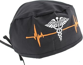 Black Heart Beat EKG & Caduceus Symbol Scrub Cap Hat
