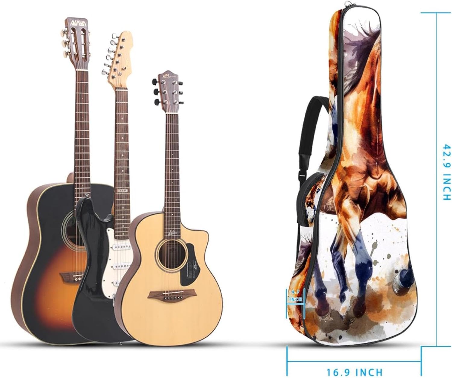 Acoustic Guitar Gig Bag 1 cm Thick Padding, Waterproof Electric Guitar Bag 40-42 Inch Guitar Case Backpack with Dual Shoulder Strap, Running Watercolor Horse