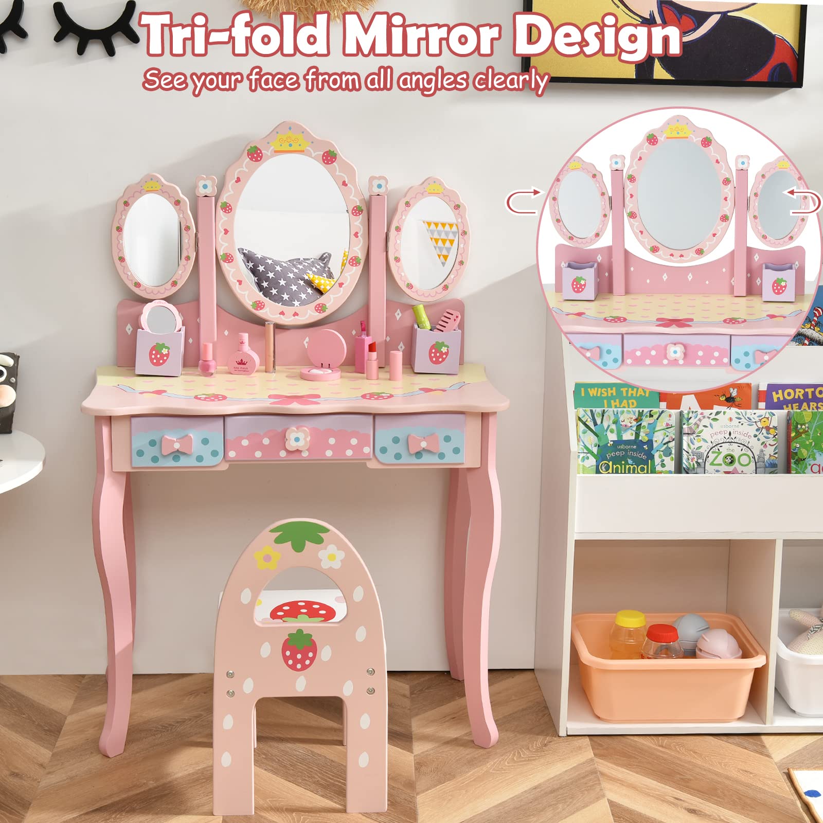 LIFEZEAL Coiffeuse Enfant Fille Avec Miroir LED 3 Couleurs, Table De Maquillage Enfant Avec Tabouret Rembourré & Tiroir, Miroir Amovible Forme De Couronne, 3-7 Ans, Charge 50 Kg (Rose