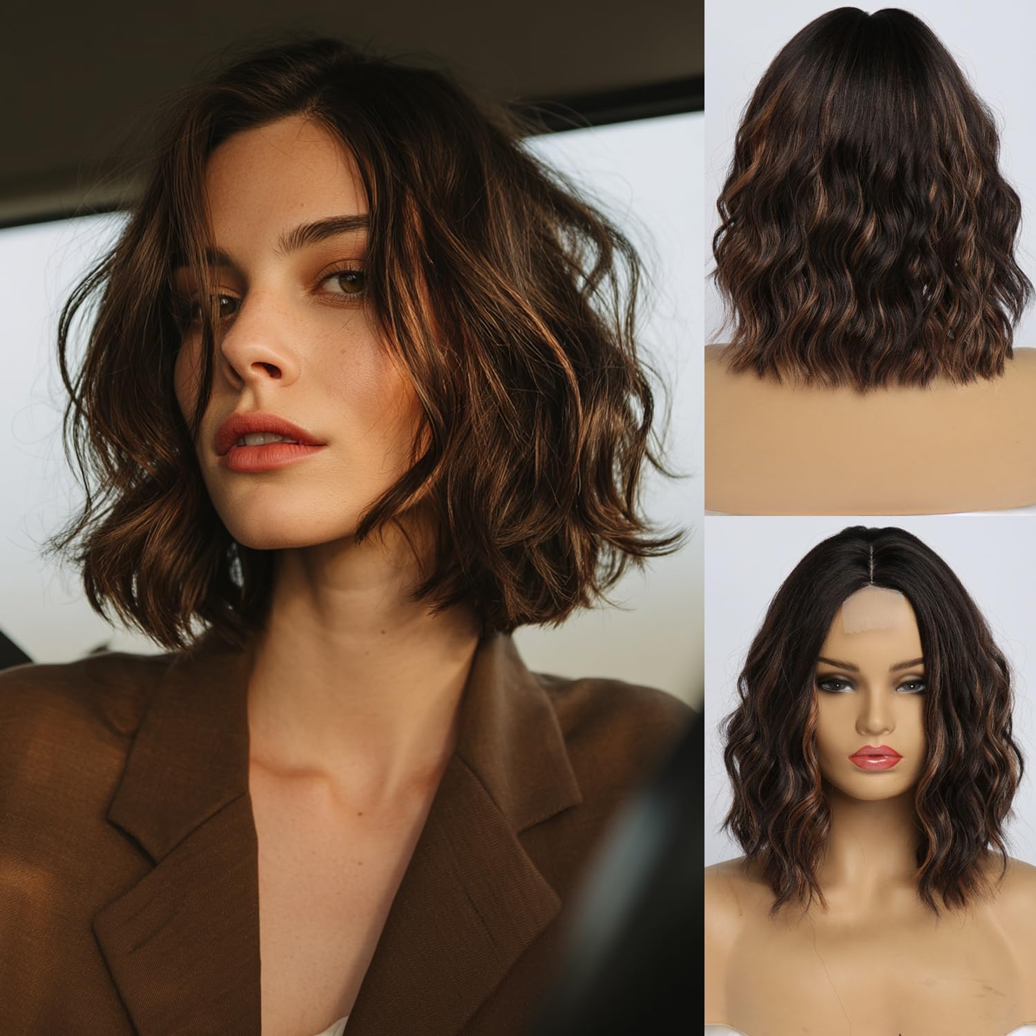 Brown Highlight Wigs for Women 14 Inch Short Shoulder Length Middle Part Curly Wavy Bob Blonde Wig Natural Looking Synthetic Heat Resistant Fiber Wig for Daily Party Use