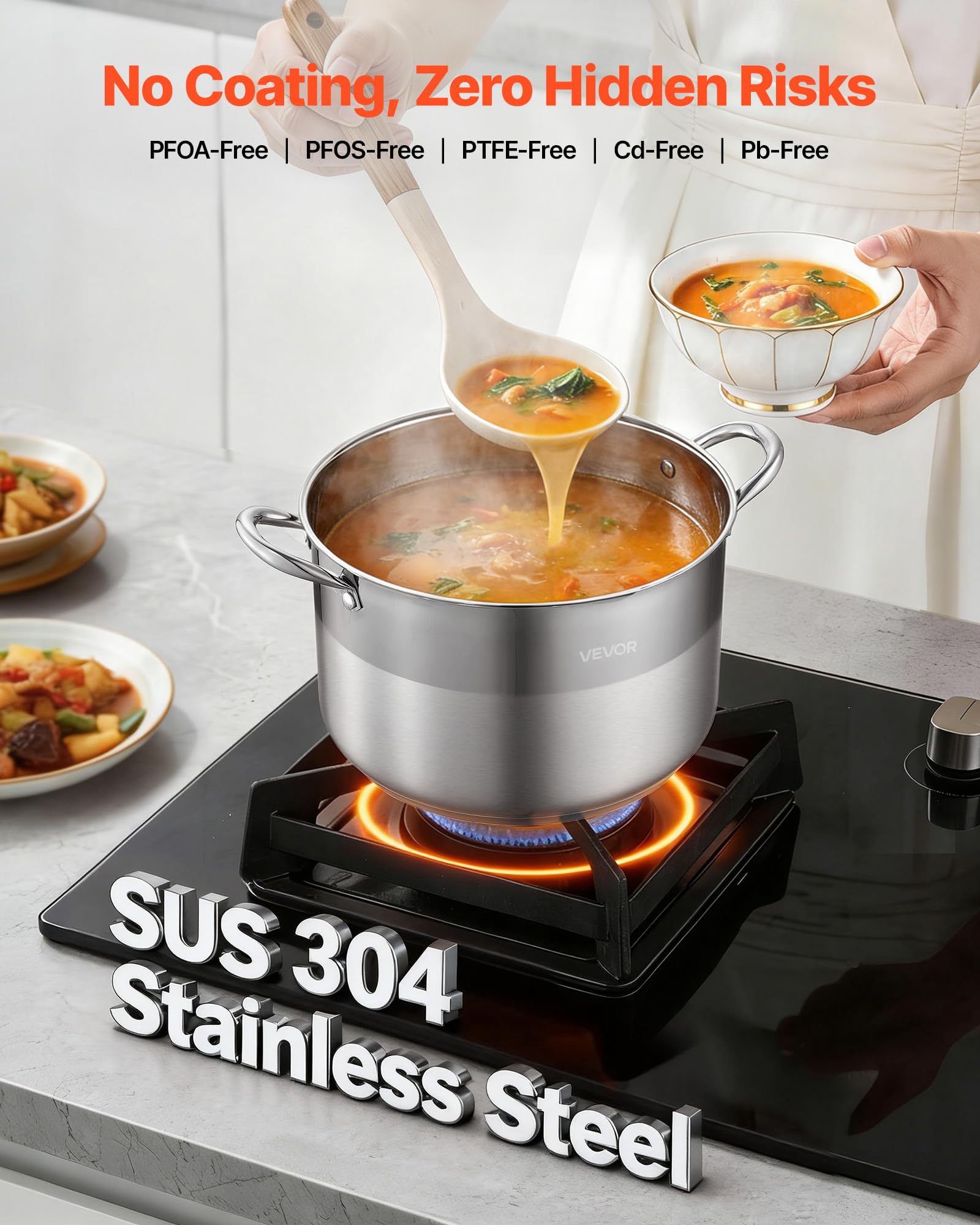 VEVOR Edelstahl Kochtopf 15,1 L Großer Suppentopf mit Glasdeckel Induktionsgeeignet Hochwertiger Nudeltopf PFOA-frei PFAS-frei für Gasherd Elektrokochfeld Ideal für Eintöpfe Pasta Familienportionen