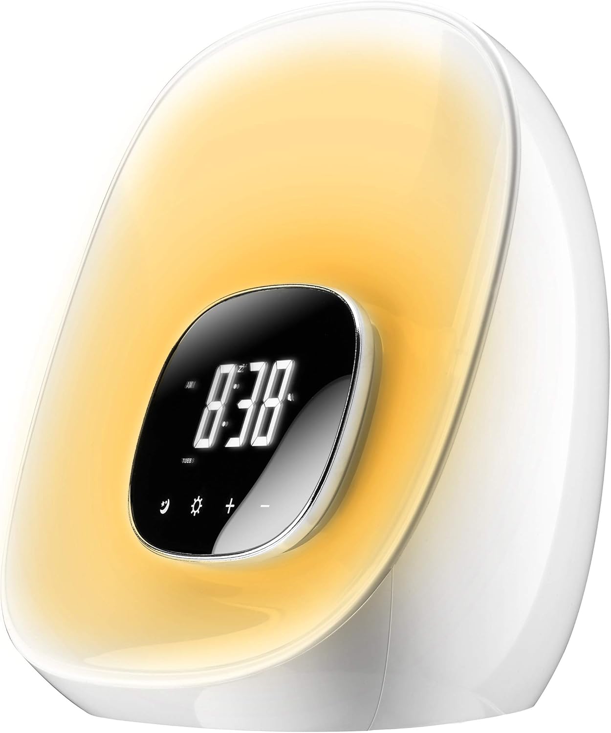 Ön view of the Groov-e Light Curve alarm clock showing the digital display and touch controls.