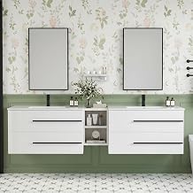 84 Inch Floating Double Sink Bathroom Vanity, Modern Bathroom Vanity with Double Sink, Wall Mounted Bathroom Vanity Cabinet with Large Storage Drawers,Open Storage Shelf, White