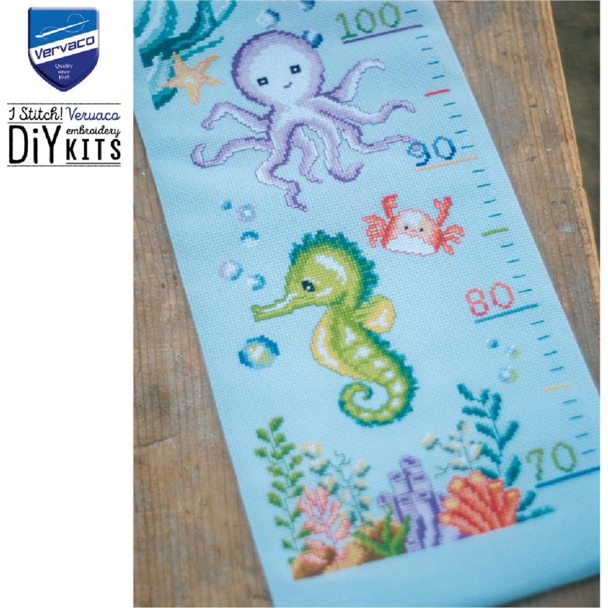 VERVACO Haft Krzyżykowy Liczony Zestaw Metryczka dla Dziecka ZWIERZĘTA MORSKIE Pamiątka Narodzin Zrób to Sam Zestaw Kreatywny dla Dorosłych 18 x 70 cm Dekoracje Ścienne Pokój Dziecka Cross Stitch
