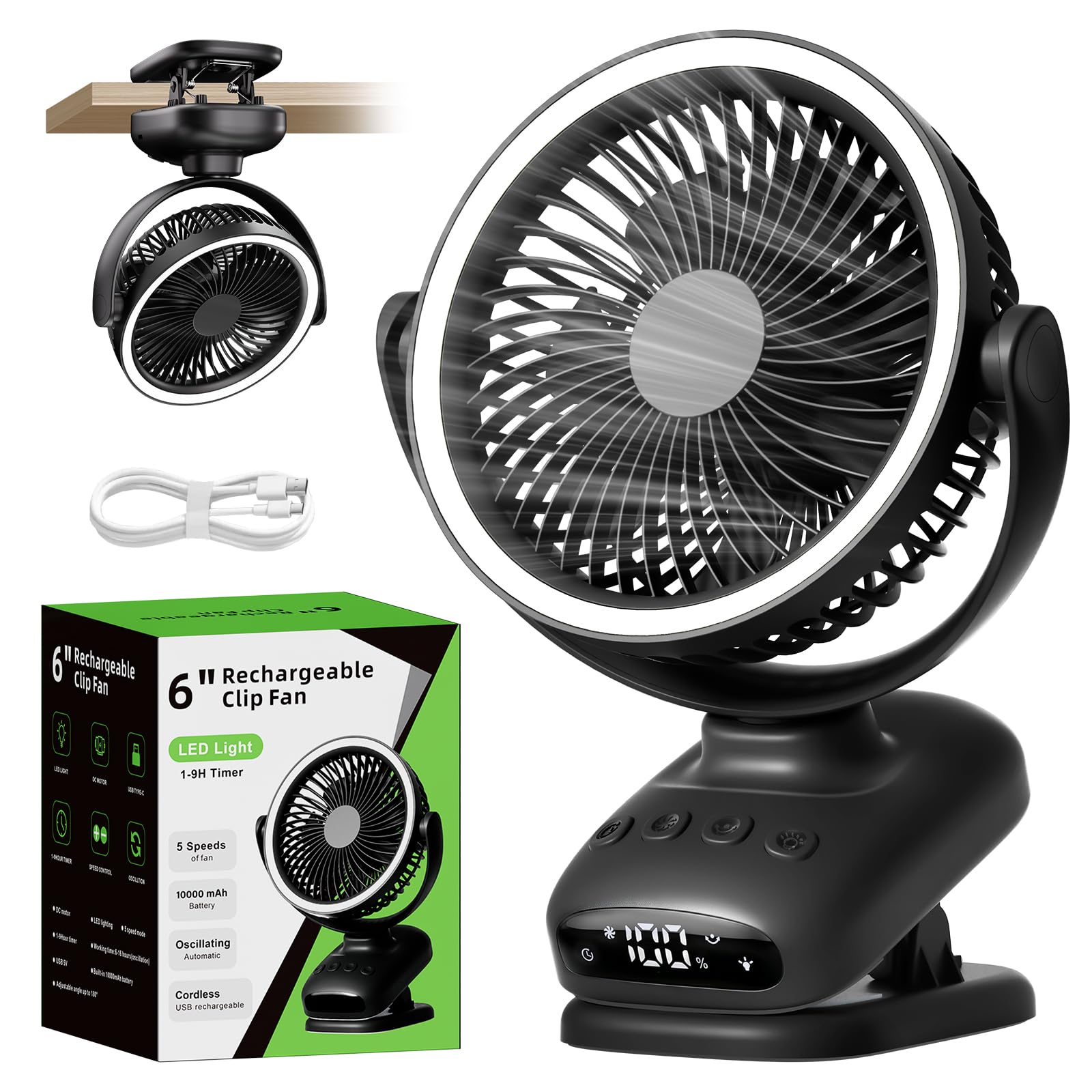 WUQNGI Mini Ventilador Portatil, 10000mAh USB Ventilador Silencioso, Pequeños Ventilador de Mesa con Pinza y Temporizador, Oscilación Automática, Luces LED para Coche Carro Bebe Autocaravana Camping