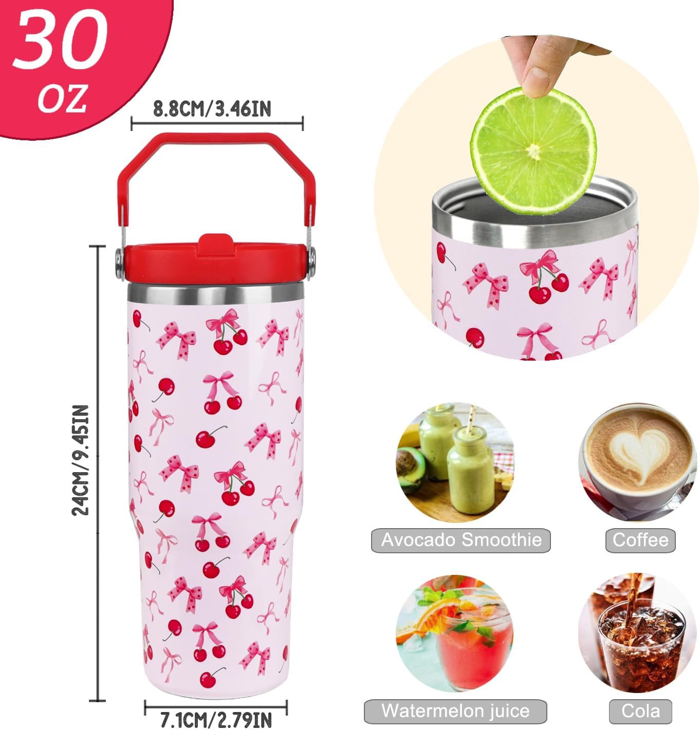 Cherry Tumbler with Handle and Flip Straw Bows Cherry Water Bottle Insulated Leak Proof Cup Coffee Travel Mug Valentines Birthday Gifts for Women Girls-30 oz(1PCS) - Image 3