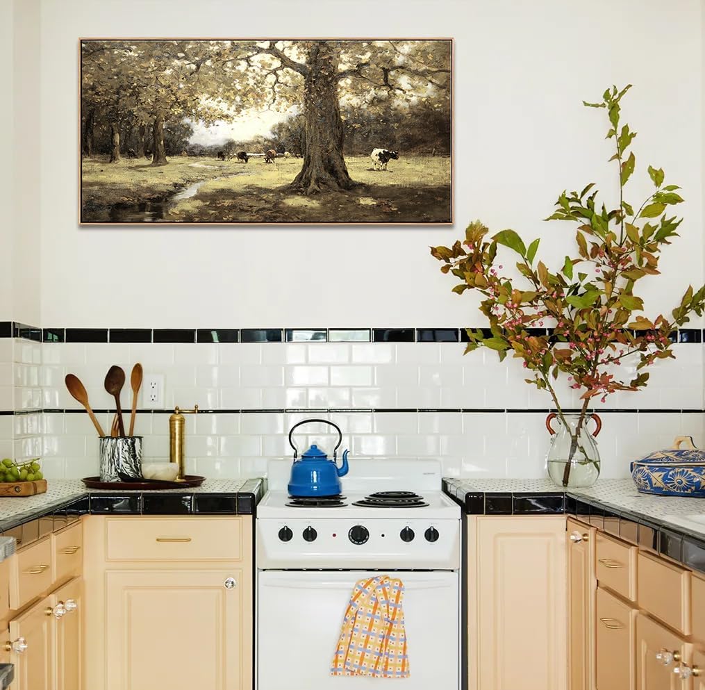Extra Large Framed Canvas Wall Art - Vintage Pastoral Landscape with Cows, Cottagecore Countryside Meadow Painting, Rustic Farmhouse Wall Decor for Living Room Bedroom, Ready to Hang [20"x40"Inches]