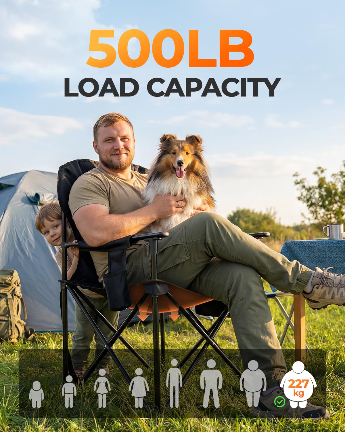 Campingstuhl Faltbar Klappstuhl bis 227 KG Camping Stuhl Hochlehner | mit Getränkehalter Seitentasche, Gartenstühle für Outdoor Balkon Garten