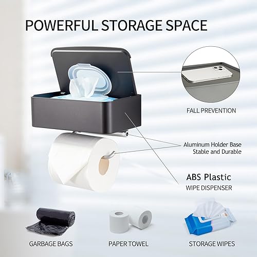 Miniatura 4 de Soporte de papel higiénico con estante, dispensador de toallitas desechables montado en la pared, estante de almacenamiento de baño gris para