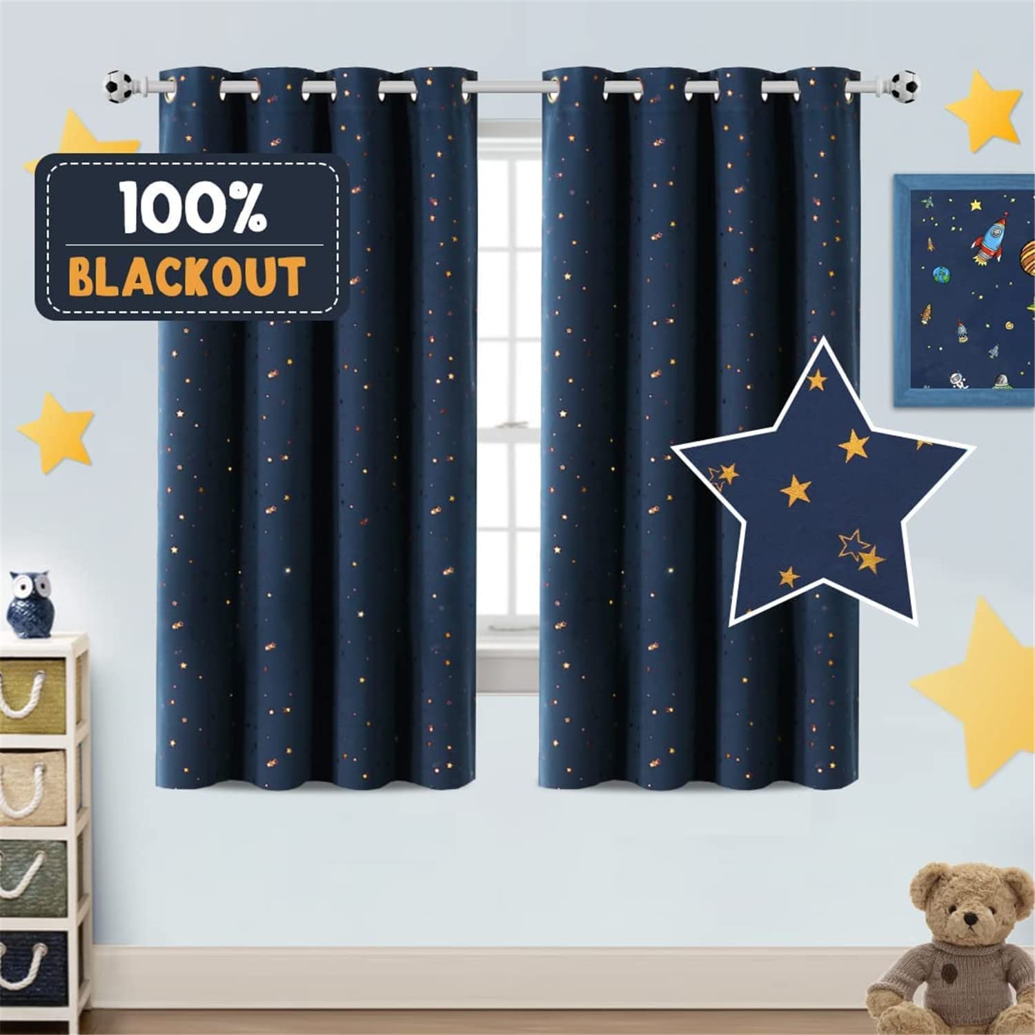 Blackout Star Curtains for Kids Room Boys Girls Twinkle Silver Stars Thermal Insulated Cute Thick Grommet Curtain for Nursery Home Decoration Window Drapes 2 Panels Set (Navy/Bronze,2 x 52"Wx63"L)
