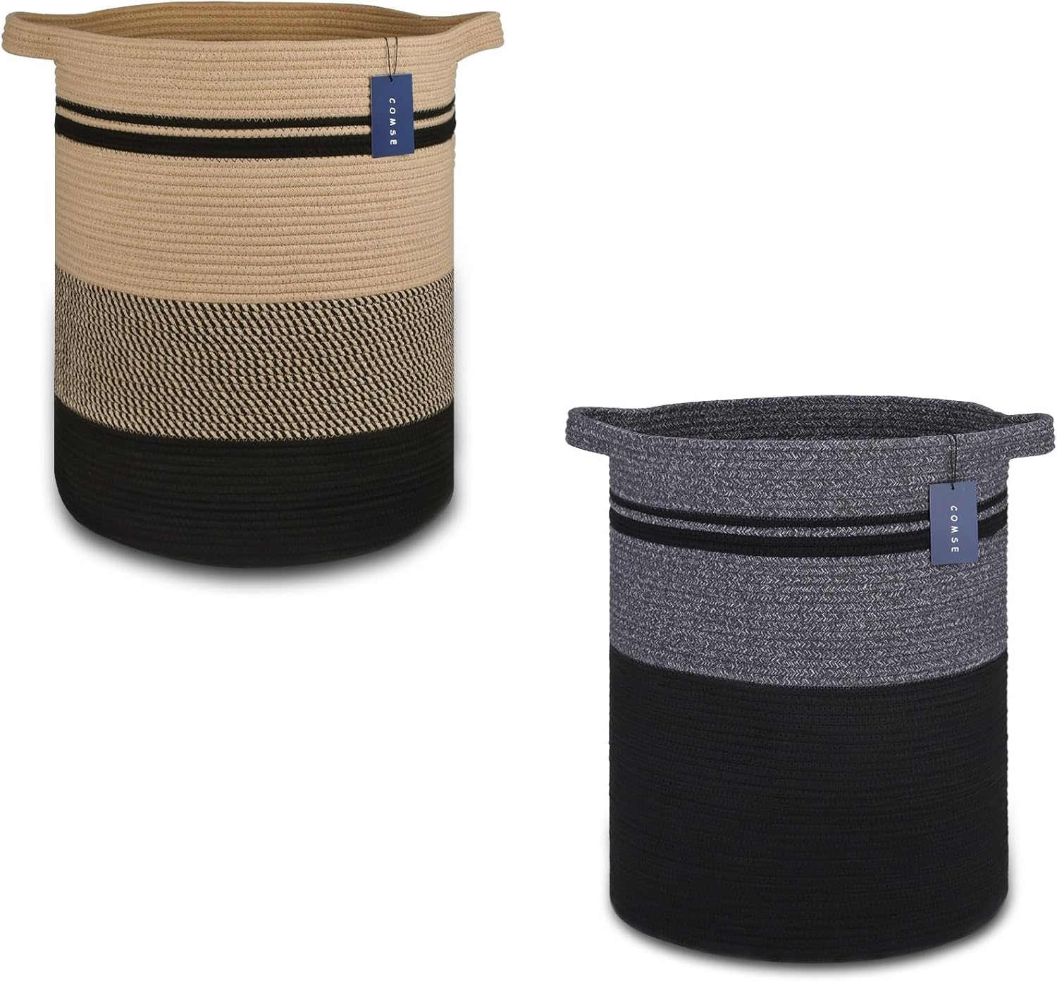 COMSE 2 Pack Tall Laundry Baskets, Tall Blanket Baskets, Laundry Hampers, Cotton Rope Baskets, Toy Baskets, Clothes Baskets, 15.7" x 21.7", Brown/Black and Black