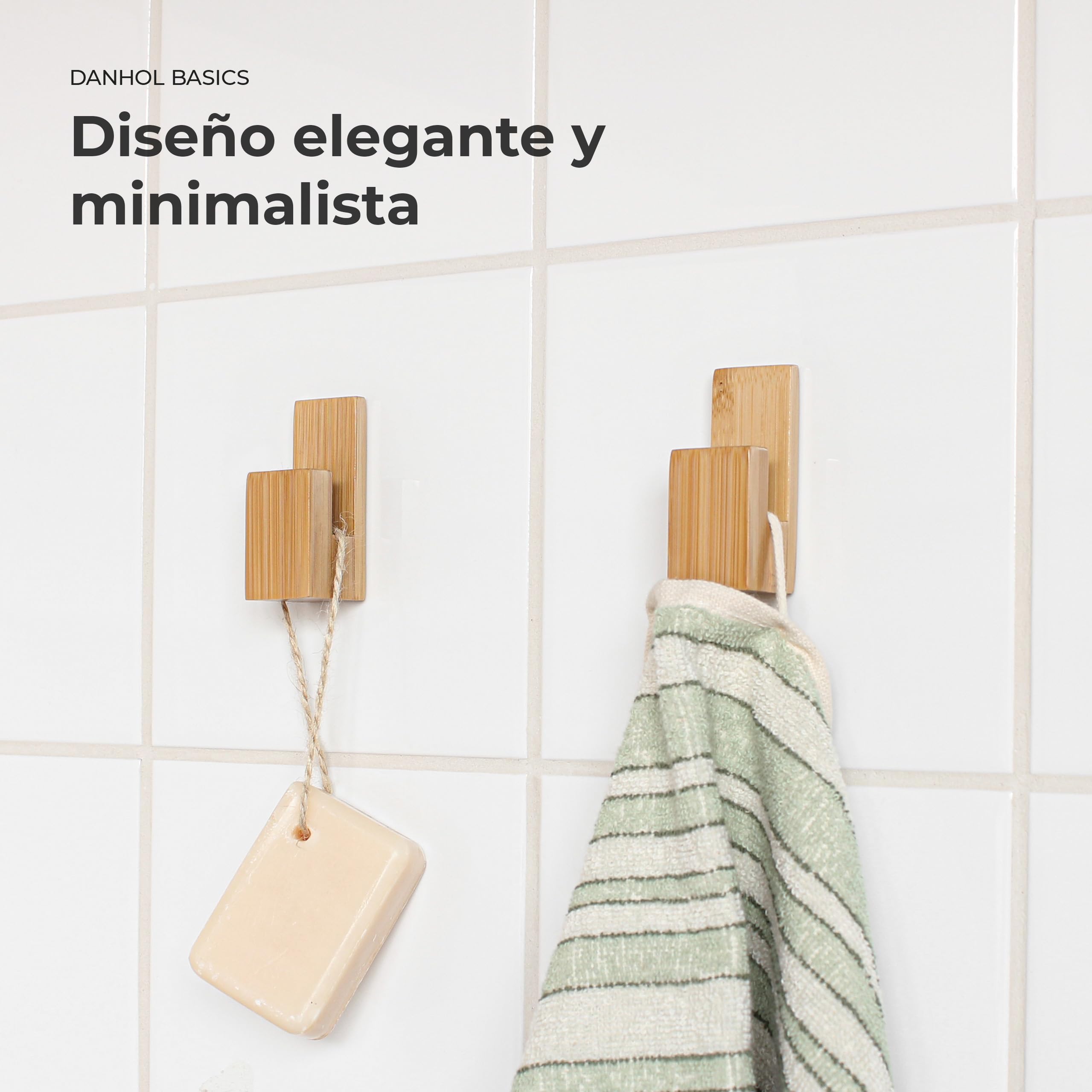 Juego accesorios baño | Accesorios baño sin taladro (Adhesivo) | Set de baño de 4 Piezas | Toallero + 2 Ganchos + Portarrollos papel higienico Madera Bambú