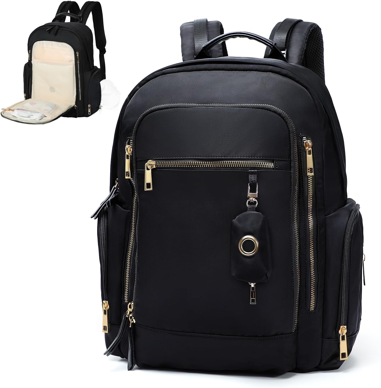 miss fong Diaper Backpack - Mommy & Dad Diaper Bag with Dispenser, 16 Pockets, Large Capacity, Travel & Baby Shower Gifts - Dark Black