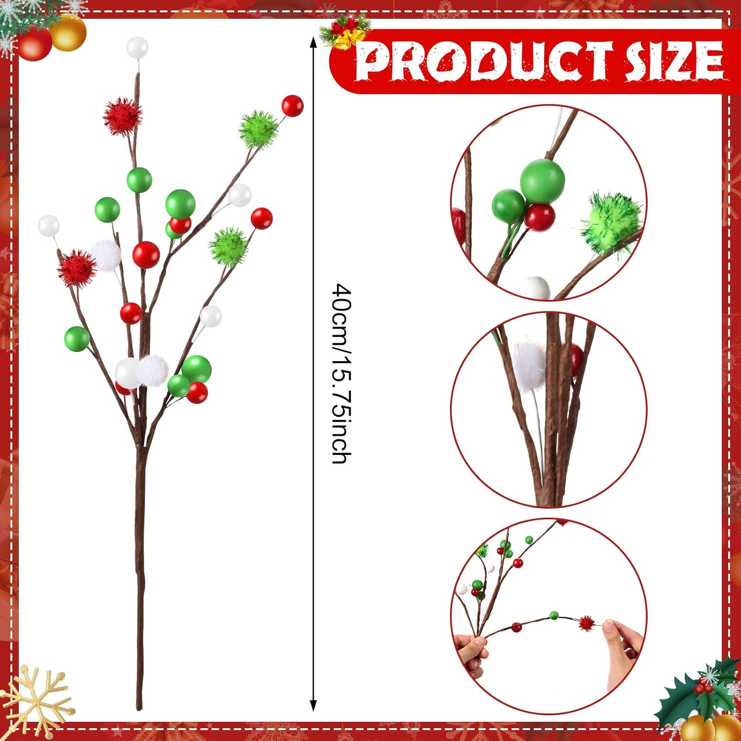 Hotop 16 Inch Christmas Tree Picks Decorations Red Green Christmas Ornaments Xmas Floral Branches and Ball Picks Decoration for Holiday Tree Topper Decor(Classic,12 Pcs)