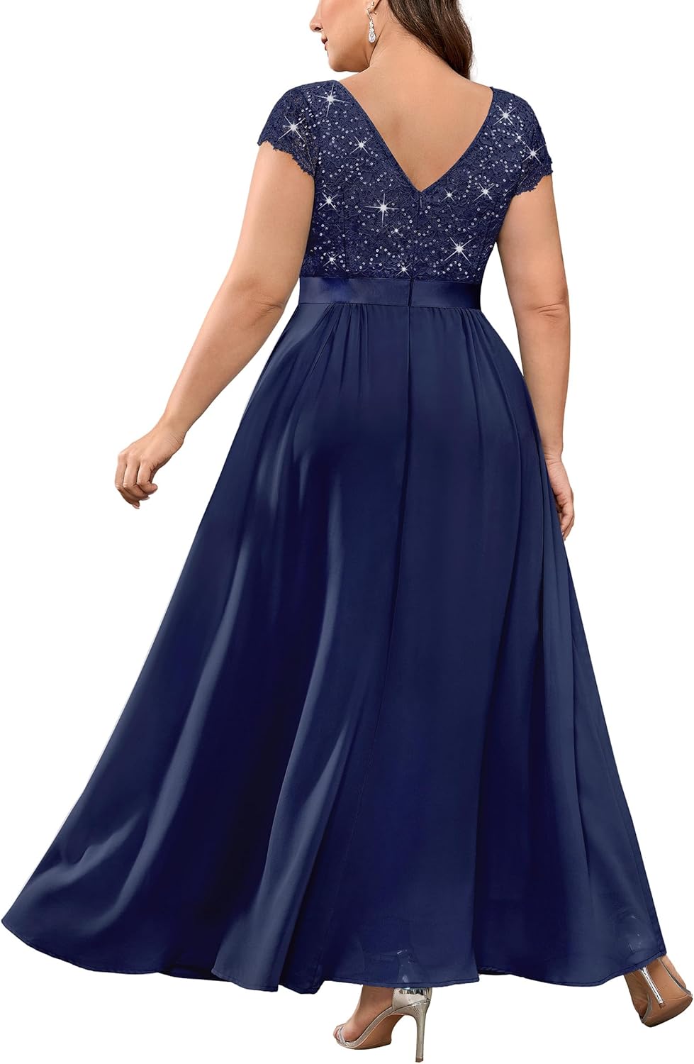 Knitee Women's Plus Size Sequin Floral Lace Formal Bridesmaid Party Flowy Maxi Dress - Image 2