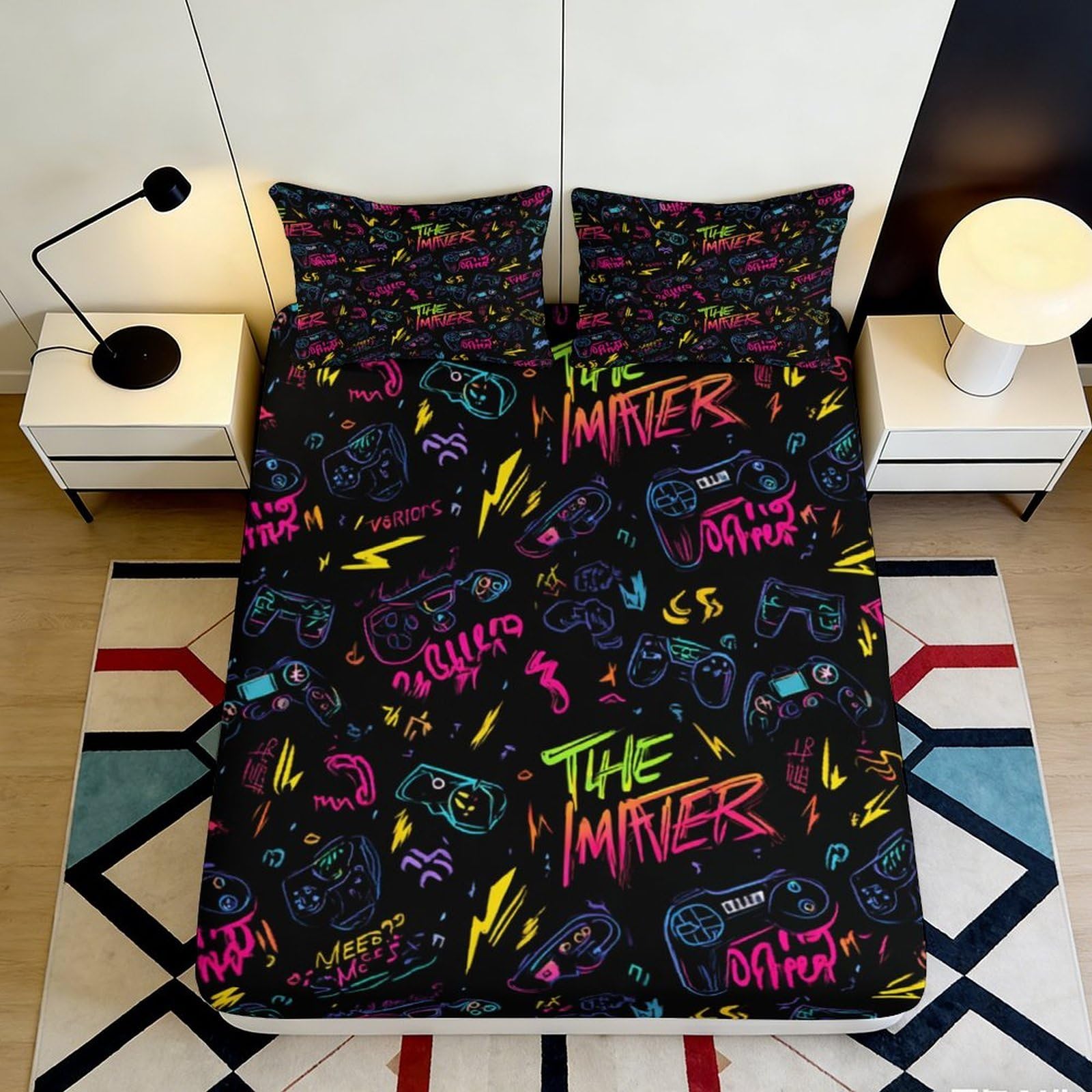 3D Printed Graffiti Gamepad Fitted Sheet Microfiber Soft Breathable Neon Controller Mattress Cover for Bedroom Dorm Decor 140x200x25cm
