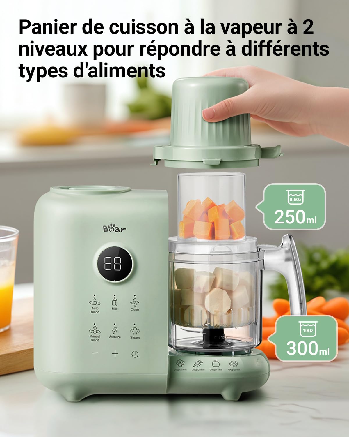 Bear Robot Cuiseur Mixeur Bébé avec Panier Vapeur 500ml,Robot Cuiseur Bebe Multifonctions Automatique Pour Purées Maison Sain,Désinfection,Fonction De Nettoyage Automatique,Sans BPA