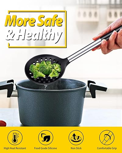 Miniatura 4 de Kitchen Ladle Strainer Set of 2 Large Slotted Spoon with High Heat Resistant BPA Free Non Stick Cooking Skimmers For Draining & Frying (Black and