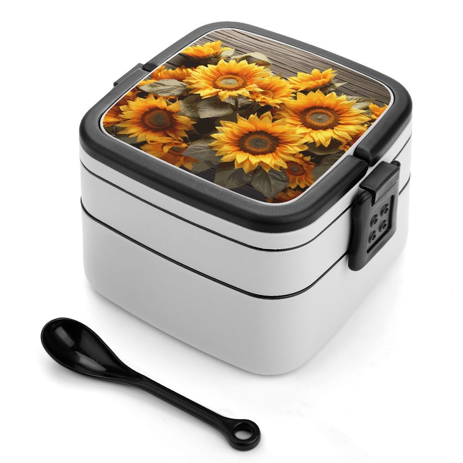 FekiLoot Plants Theme Sunflower Bento Box Adult Lunch Box Sealed Bento Lunch Boxes with Spoon Sturdy Double Layer Bento Boxes Snap-on Design Leak Proof Lunch Containers Ideal for Work