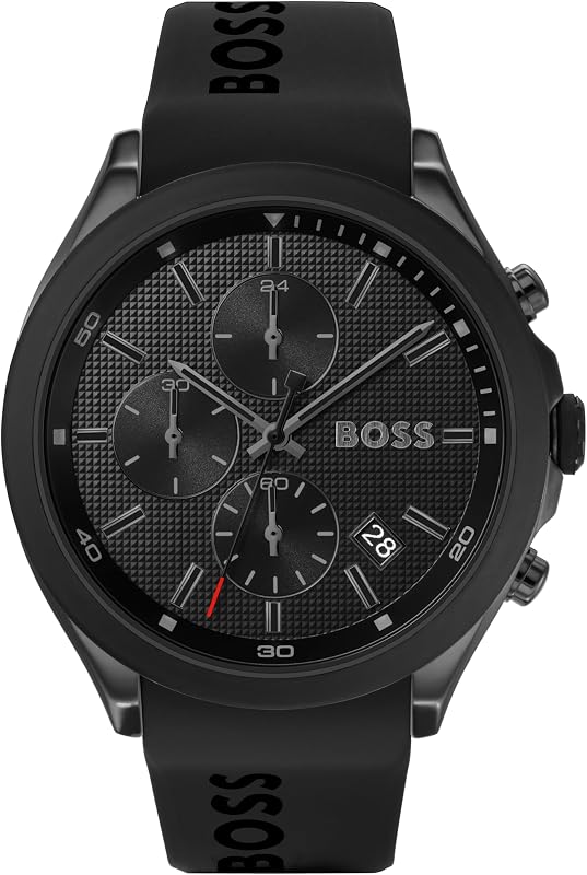 BOSS Herren 44 mm Chronograph Quarz Uhr Velocity Kollektion mit Silikonarmband, Datumsfunktion, 3 Sub-Dials, 5ATM Wasserresistenz