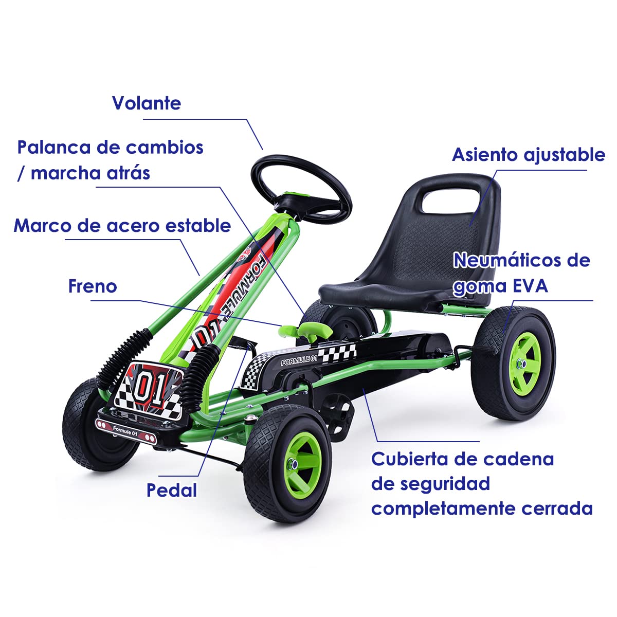 COSTWAY Go Kart Racing para Niños Coche de Pedal Asiento Ajustable con Ruedas de Goma Embrague y Freno Infantil Juguete (Verde)