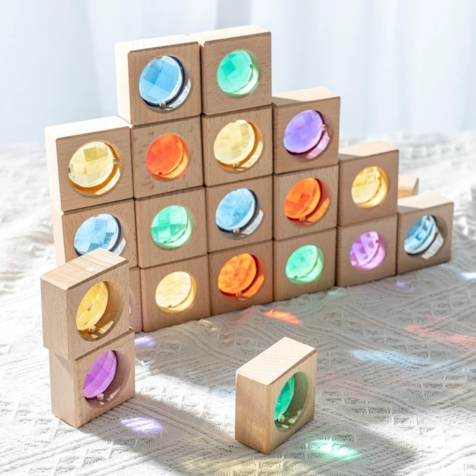 Blocchi di Legno con Inserti Colorati | Costruzioni Fantasiose e fortezze, Set di Blocchi con Scatola Legno, Educativo, per Area Giochi