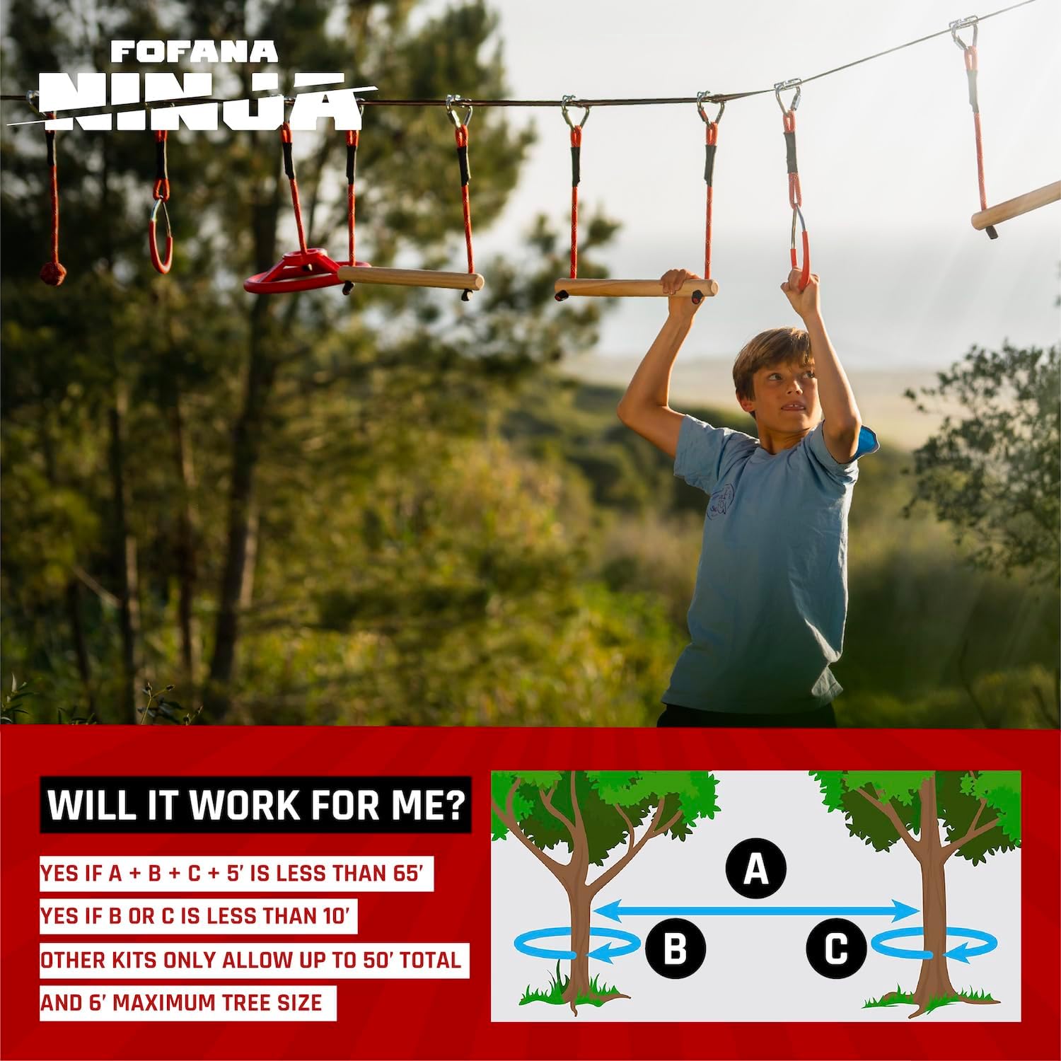 Fofana Ninja Warrior Obstacle Course for Kids – 32-Piece Backyard Playset, 9 Fun Training Obstacles, 65 Ft Slackline Kit Accessories - Outside Line Ninja Kids Toys, Outdoor Play Equipment