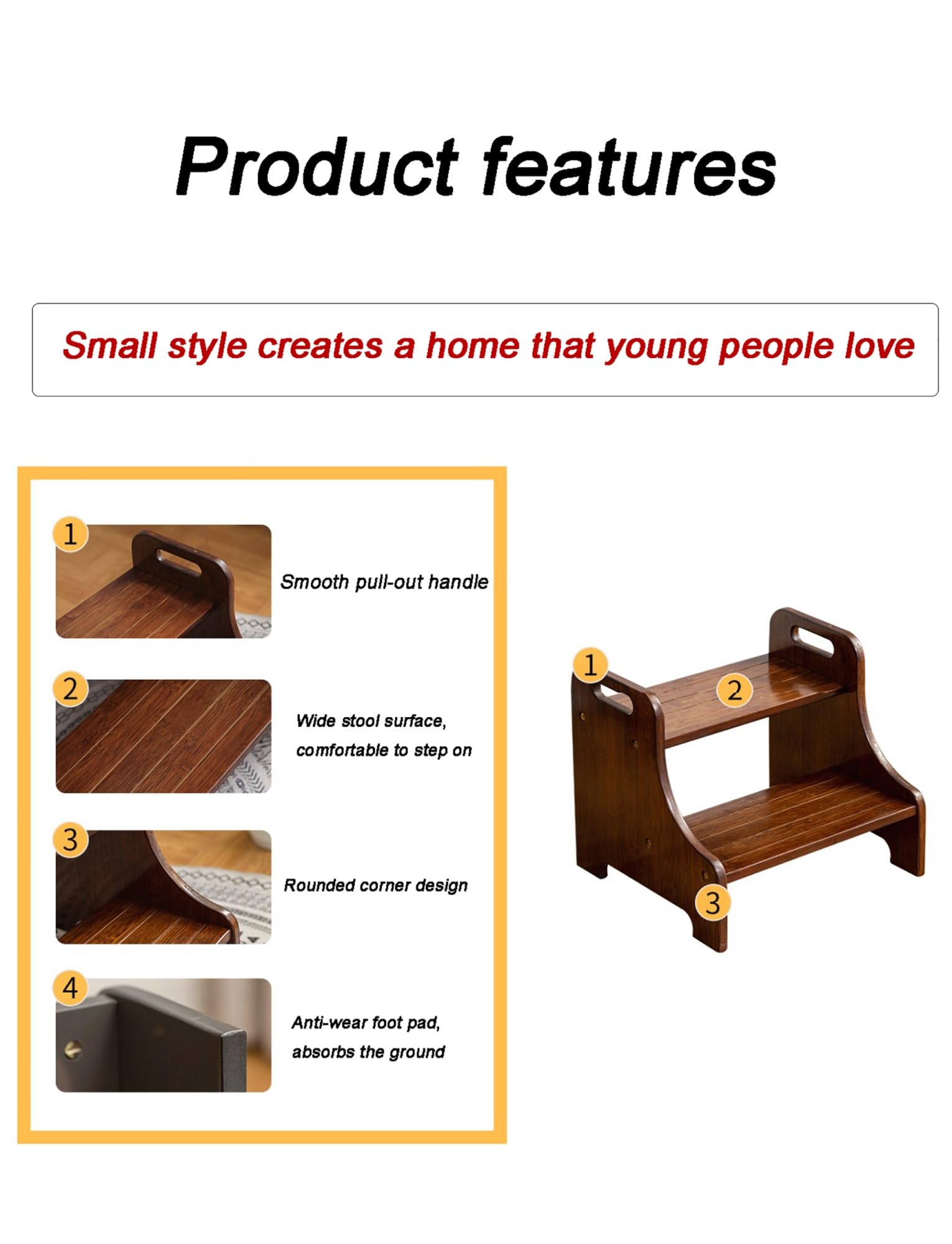 Taburete de madera, diseño de dos escalones con almohadillas antideslizantes, doble altura para baño y cocina