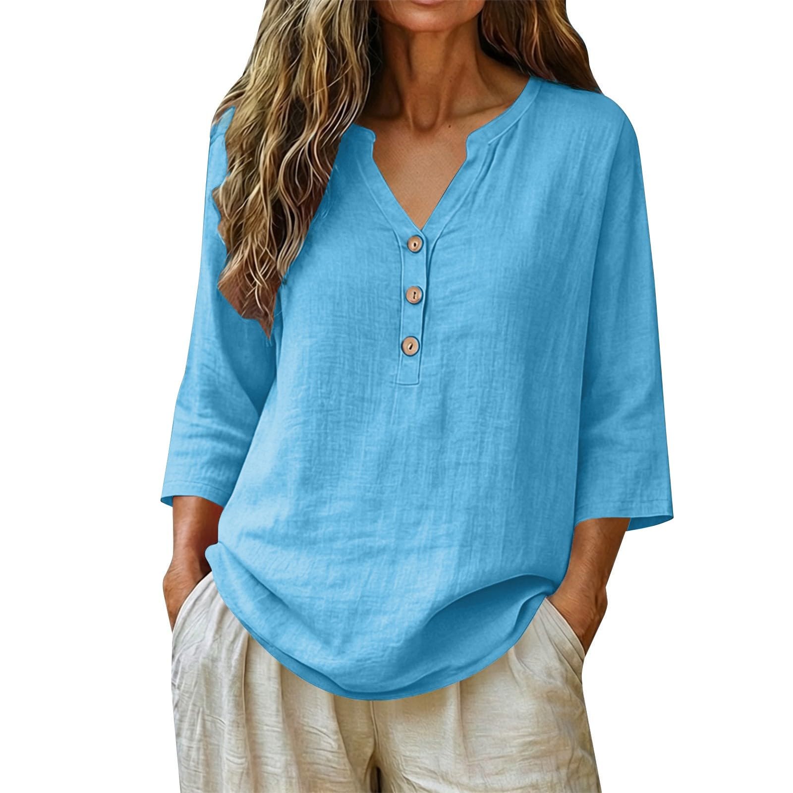 Womens Summer Gauze Tops Casual Linen Cotton Button Tunic Blouse 3/4 Sleeve V Neck Peasant Shirts Beach Vacation