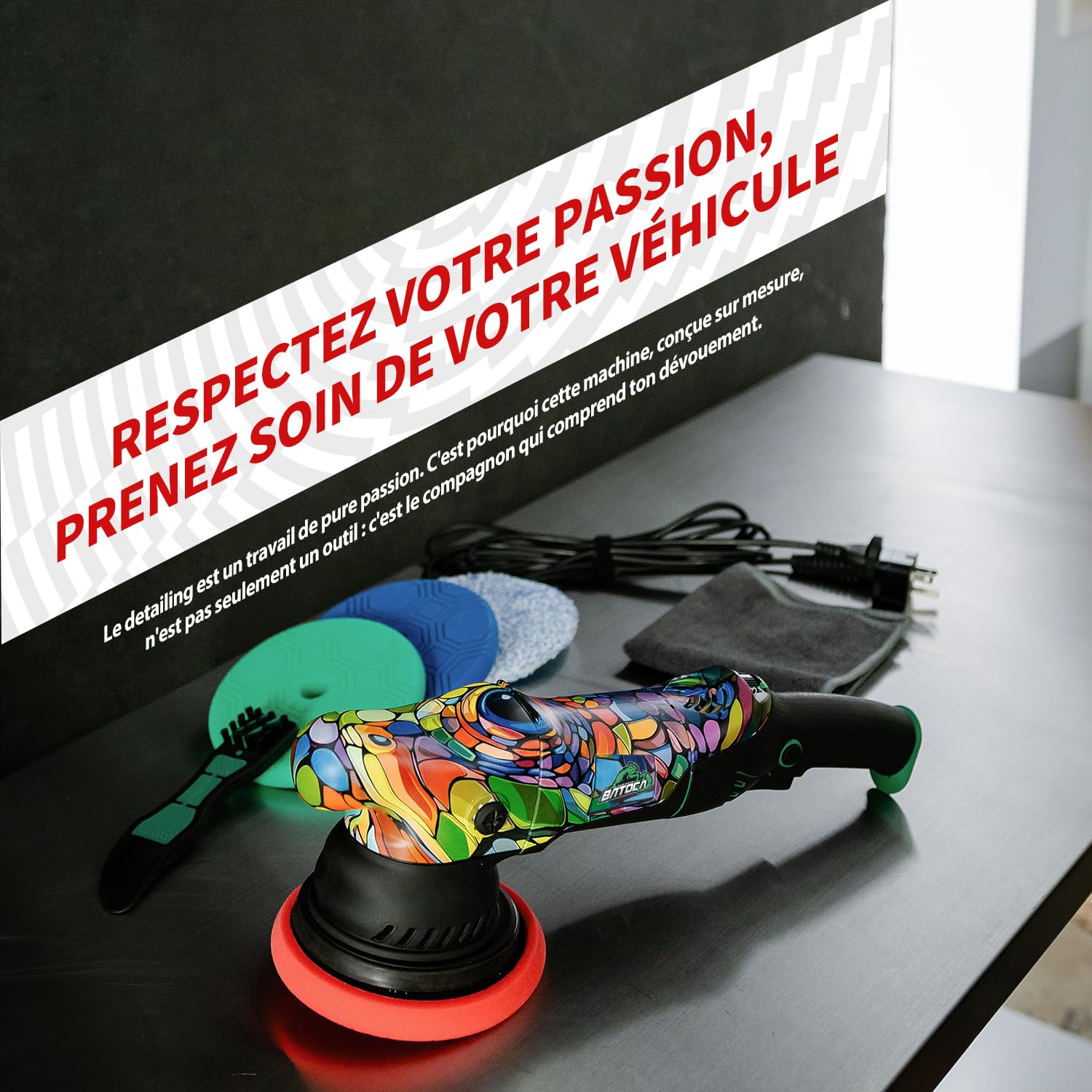BATOCA P1 Polisseuse Orbitale Auto 1000W Lustreuse 125mm Orbite 15mm | 6 Vitesses 2500-5500 RPM, Câble 5m Amovible, avec Brosse & Sac pour Polissage & Cirage de Voiture