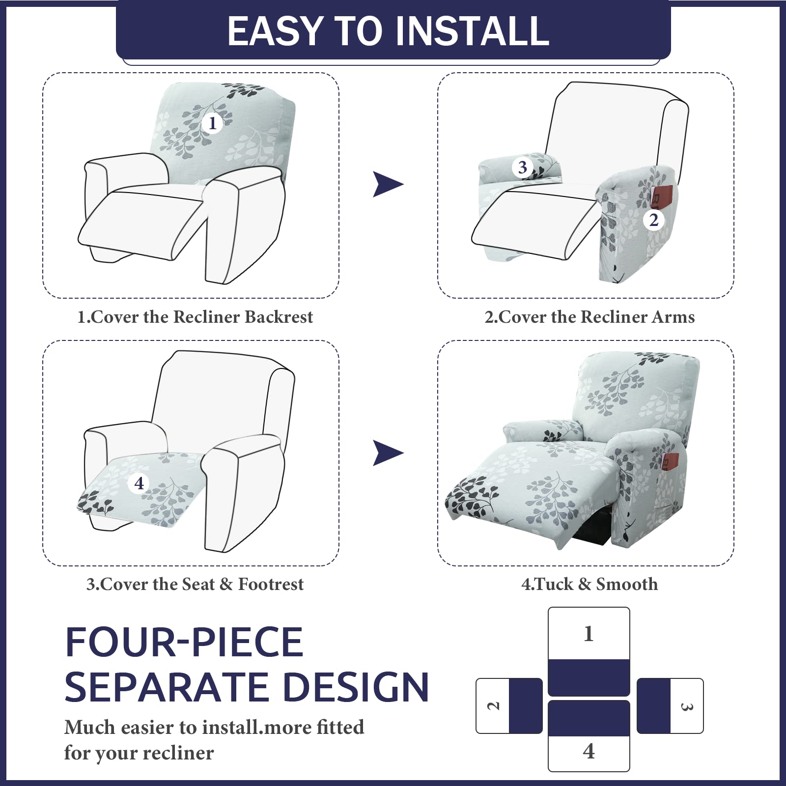 Iauddy Recliner Slipcover-Stretch Soft Slip Reclining Chair Slipcovers 4-Pieces Furniture Protector for Recliner with Pocket Fitted Sofa Couch Cover Lazy Boy Chair Cover