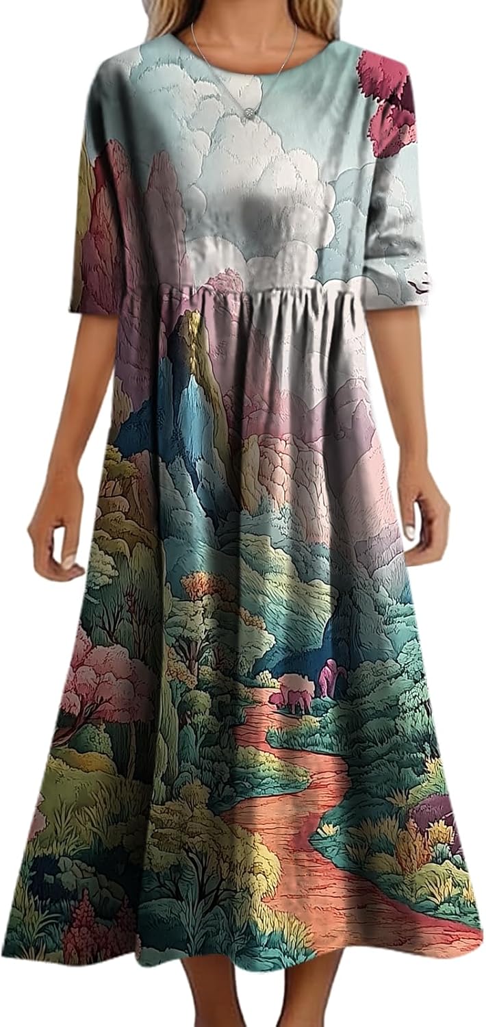 Women's 2025 Summer Flowy Boho Maxi Dress Casual Short Sleeve Crew Neck Ruffle Beach Long Dresses with Pockets