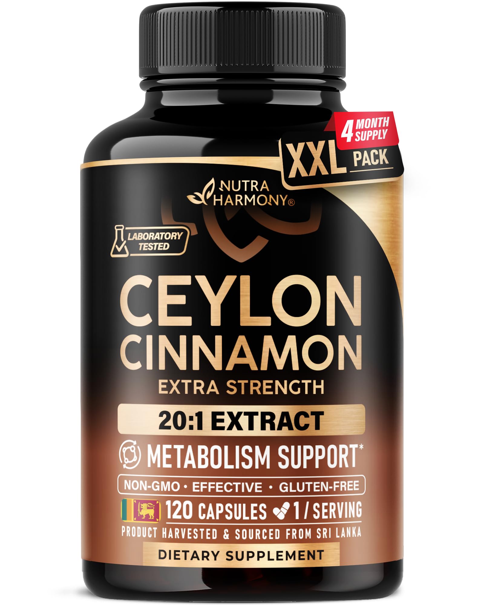 Ceylon Cinnamon Capsules - Extra Strength - Energy, Heart & Metabolism Support - for Men & Women - Pure Natural Extract 20:1 Supplement - Lab Tested - GMO & Gluten Free, 120 Capsules, 4 Month Supply