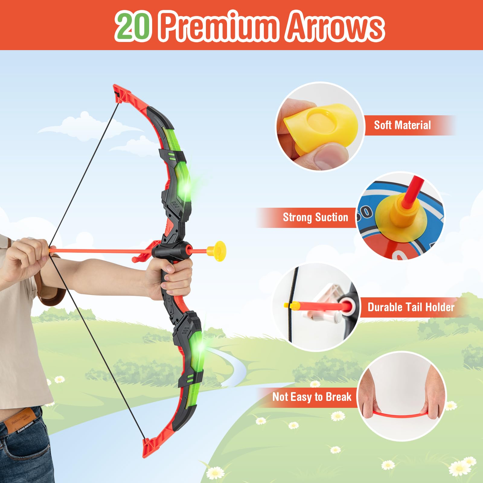 RELAX4LIFE Set di Archi per Bambini con luci a LED, Set Giocattoli con 2 Archi e 20 Frecce a Ventosa per Interni ed Esterni, Regalo per Ragazzi 3-12 anni