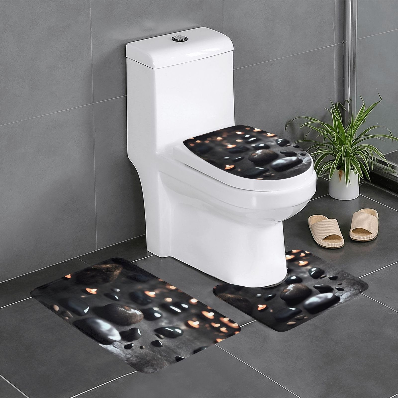 Tapis de salle de bain noir (lot de 3) avec motif cœur mystérieux 61x40,6 cm