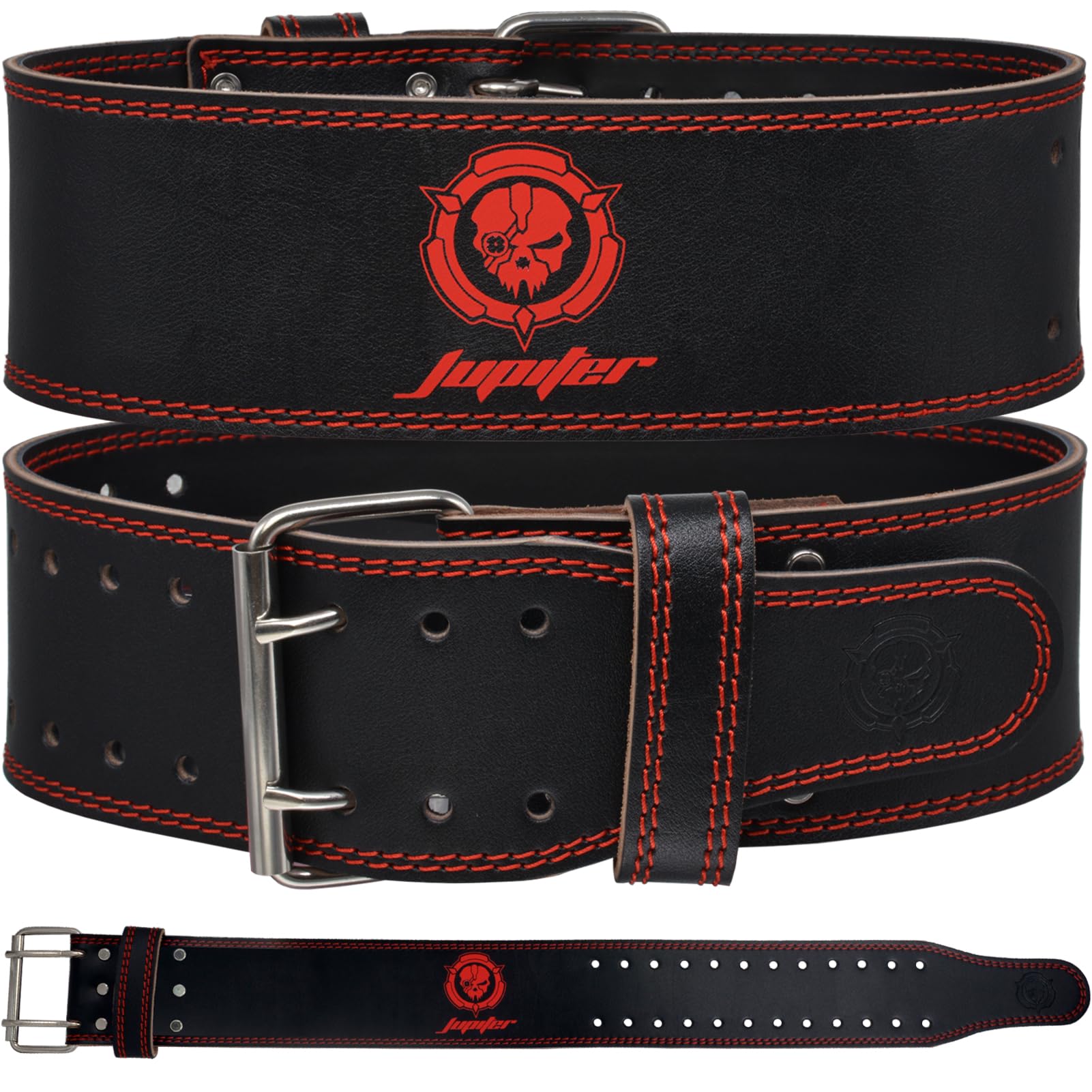 Weight lifting Belt (6mm Thick) - Genuine leather, offering back support. Double-pronged buckle, ideal for weightlifting, powerlifting, squats and deadlifts(Red L)