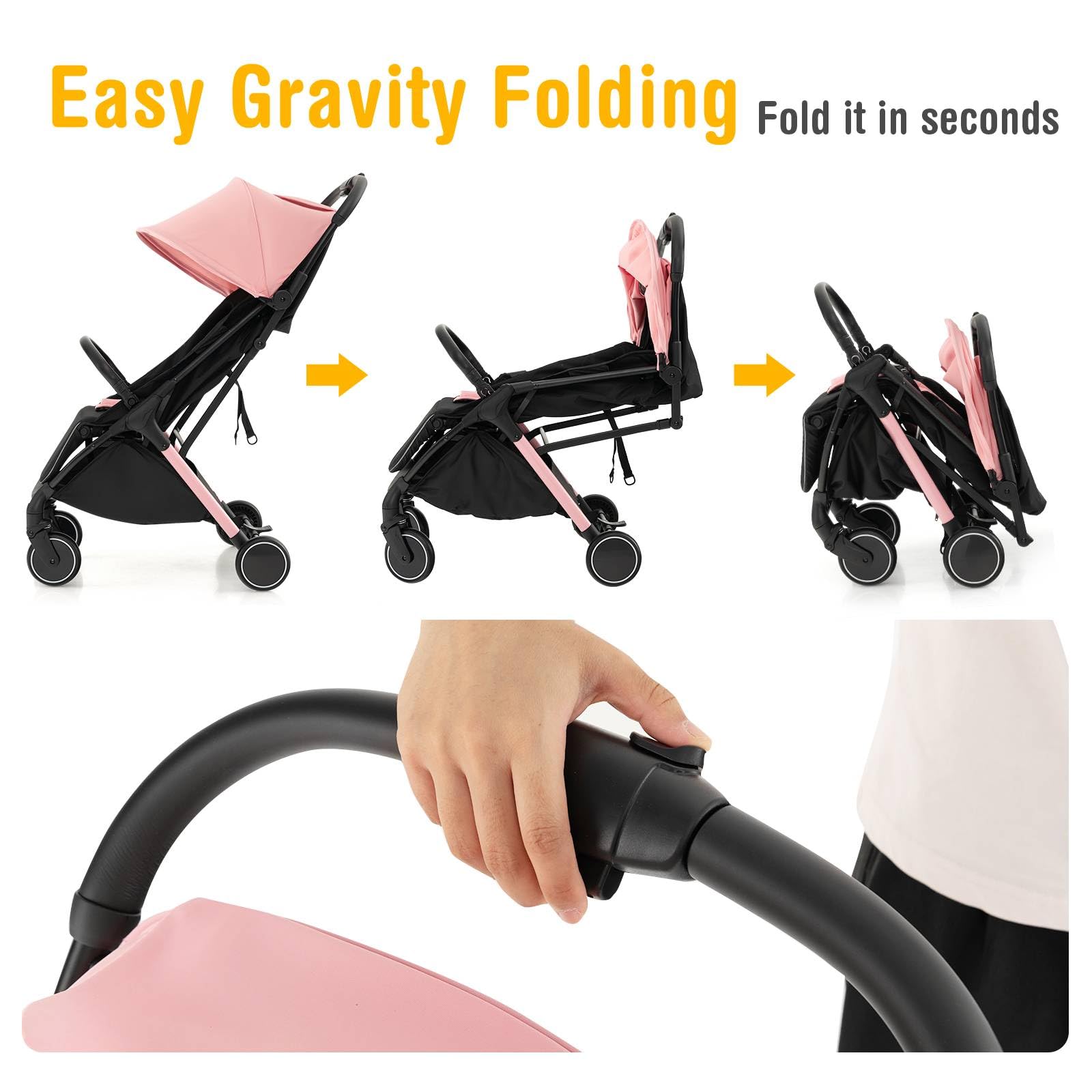 GYMAX Passeggino pieghevole portatile con una sola mano, cintura di sicurezza a 5 punti, ruota bloccabile, poggiapiedi regolabile, tettuccio e schienale, passeggino da viaggio per bambini da 0 a 3