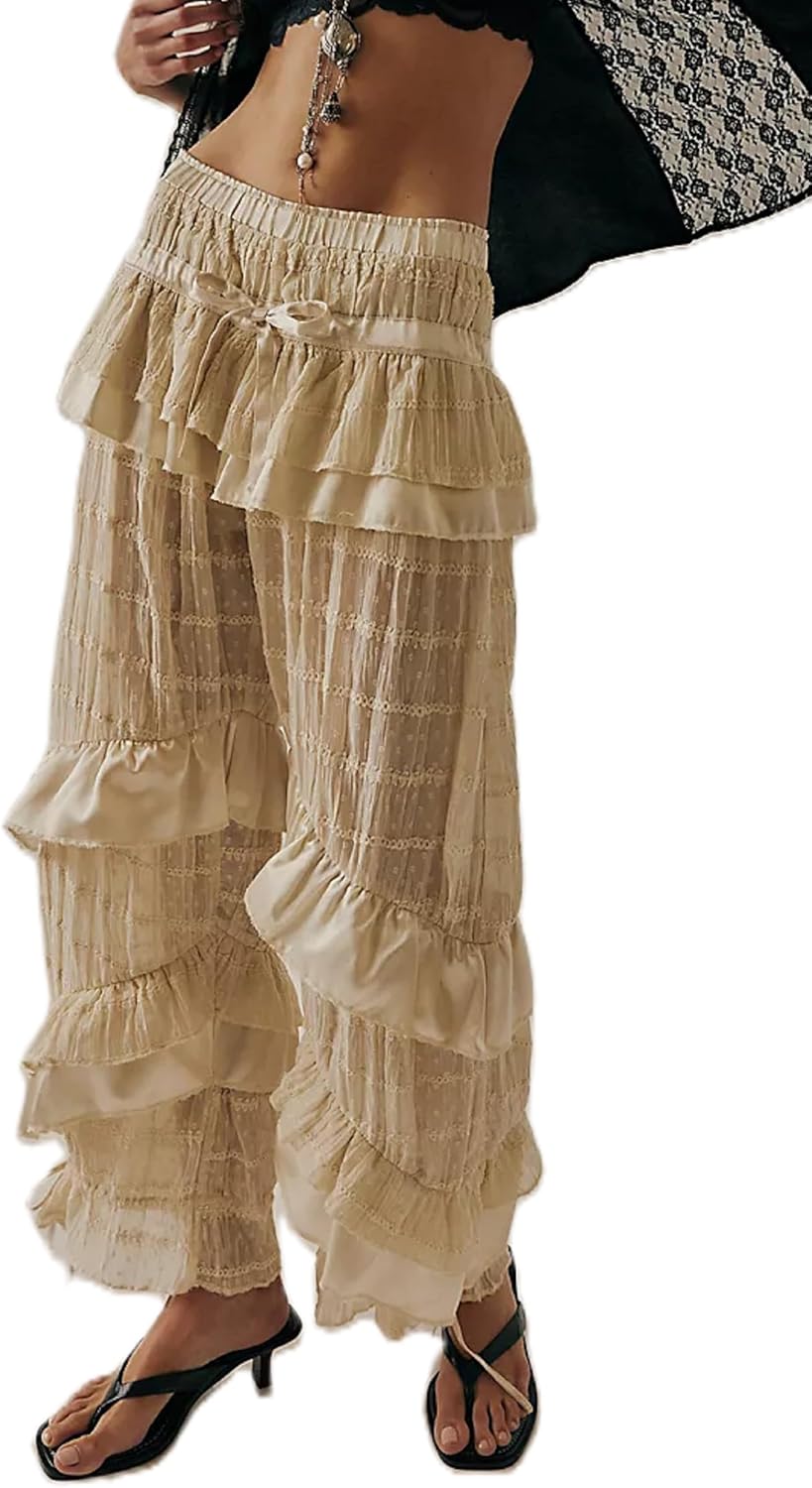 TUWIXIUW Cropped Lace Pants for Women Ruffle Long Bloomers Flare Lace Trim Pantaloons Vintage Capri Bloomer Pants