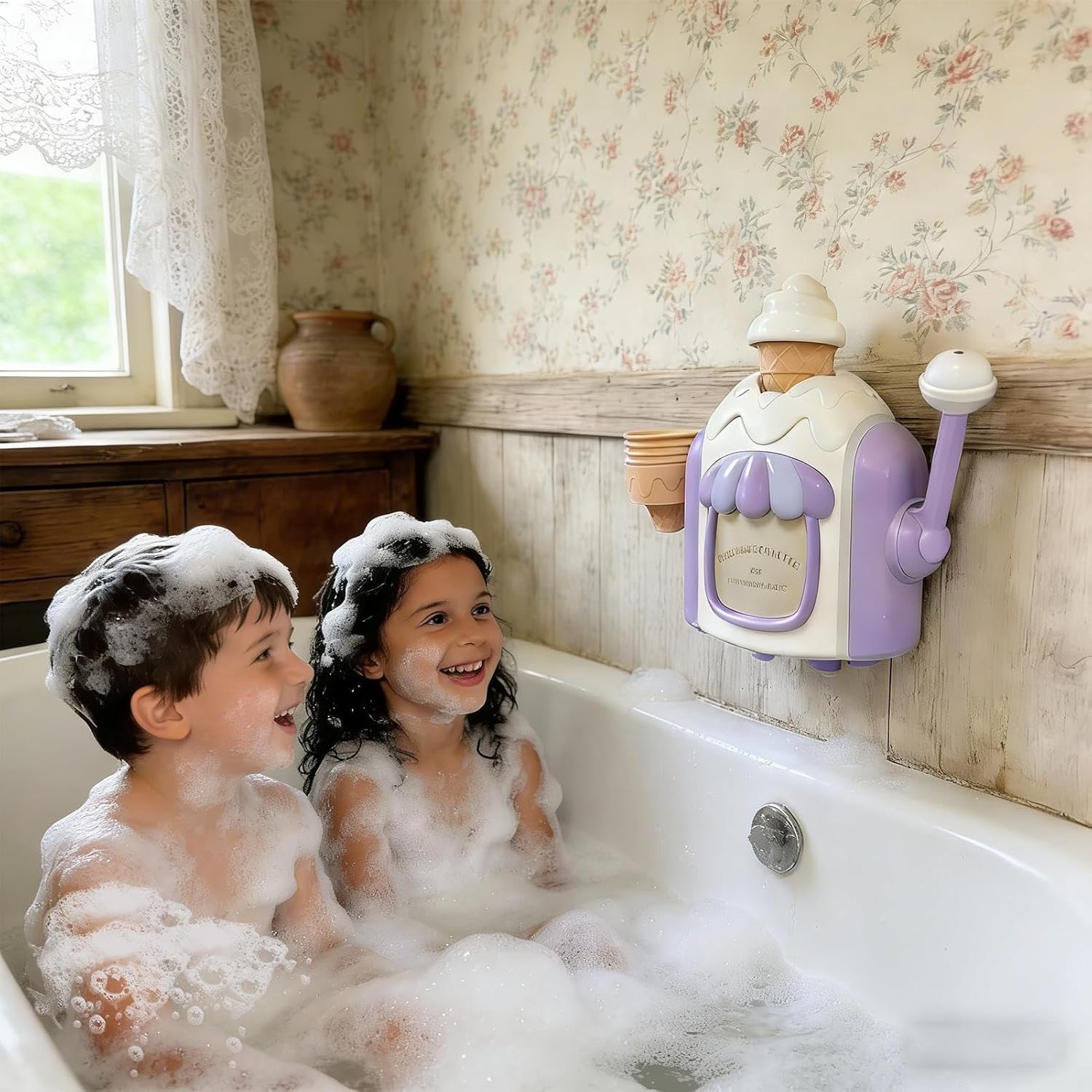 Bath Bubble Ice Cream Maker – 23x8x20.5cm Foam Machine Toy | DIY Pretend Play Soap Cone Station for | Wall-Mounted Bathtub Toy for Boys and Girls Ages 4+ | Durable ABS Construction