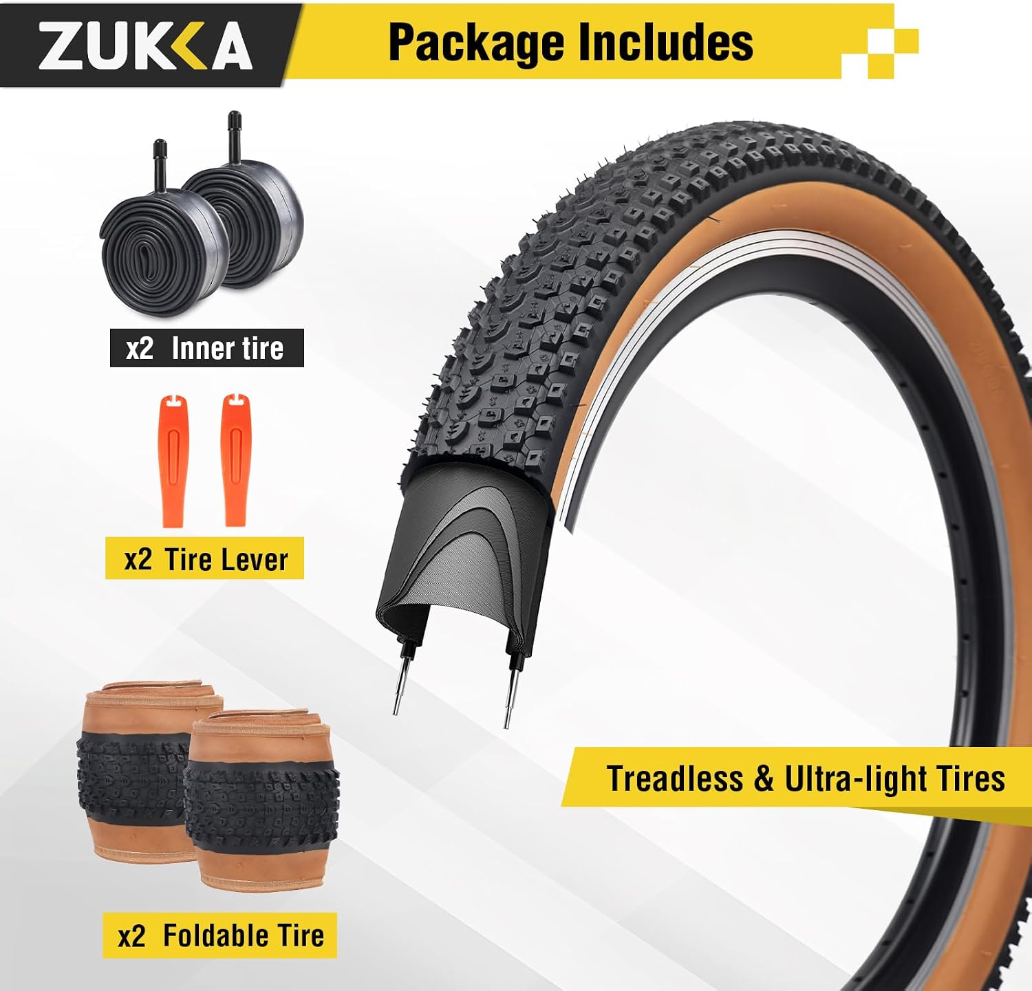 ZUKKA Bike Tire 20/24/26/27.5/29 x 2.125 Bike Tire 2 Pack Mountain Bike Tire Folding Replacement Tire for MTB Mountain Bike, Kids