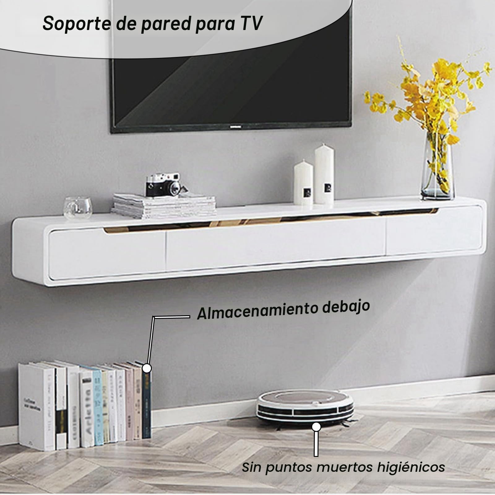 Madera Maciza Mueble TV Suspendido Moderna con 2 Cajones, Pintura en Aerosol Mate Mueble TV Flotante, no Requiere Montaje, Consola Multimedia para Sala de Estar (Blanco A, 140cm)