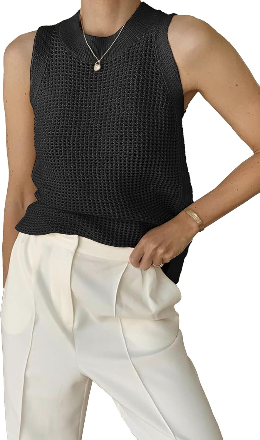 Famulily Women's Summer Knit Tank Top Sleeveless Hollow Out Tops Round Neck Crochet Knitted Cami Shirts