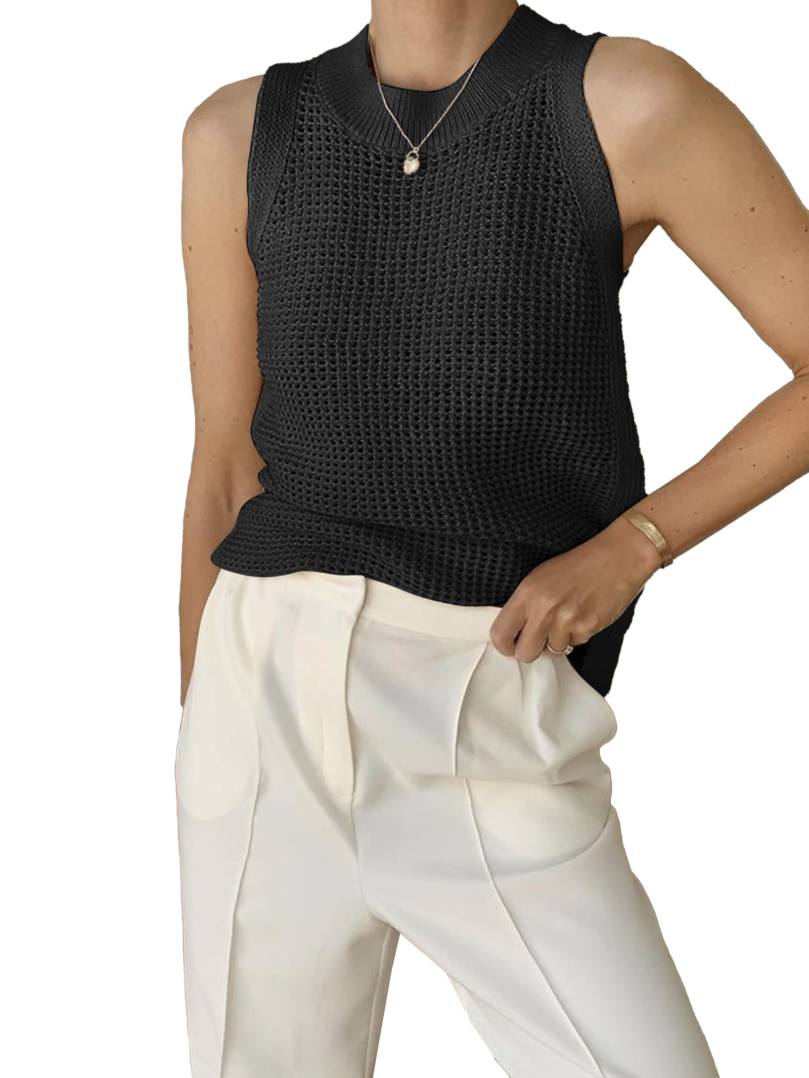 Famulily Women's Summer Knit Tank Top Sleeveless Hollow Out Tops Round Neck Crochet Knitted Cami Shirts