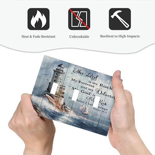 Miniatura 6 de Ocean Lighthouse - Placa de interruptor de luz decorativa de 3 cuadrillas de madera náutica costera, cubierta de pared de triple palanca, placa