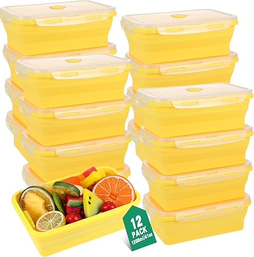 Mifoci 12 recipientes plegables de silicona de 41 onzas, cuencos cuadrados plegables con tapas, recipiente plegable para almacenamiento de alimentos