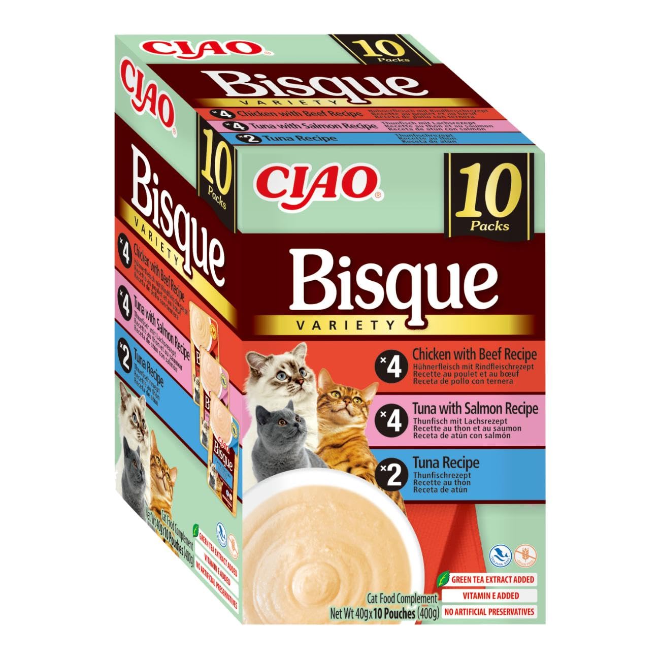 INABA Ciao Bisque Gatos - Receta Saludable de Crema de Pollo y Atún, con Ternera y Salmón - Comida Húmeda - Alimento Complementario Natural, sin Cereales - 400g (10 Sobres x 40g)